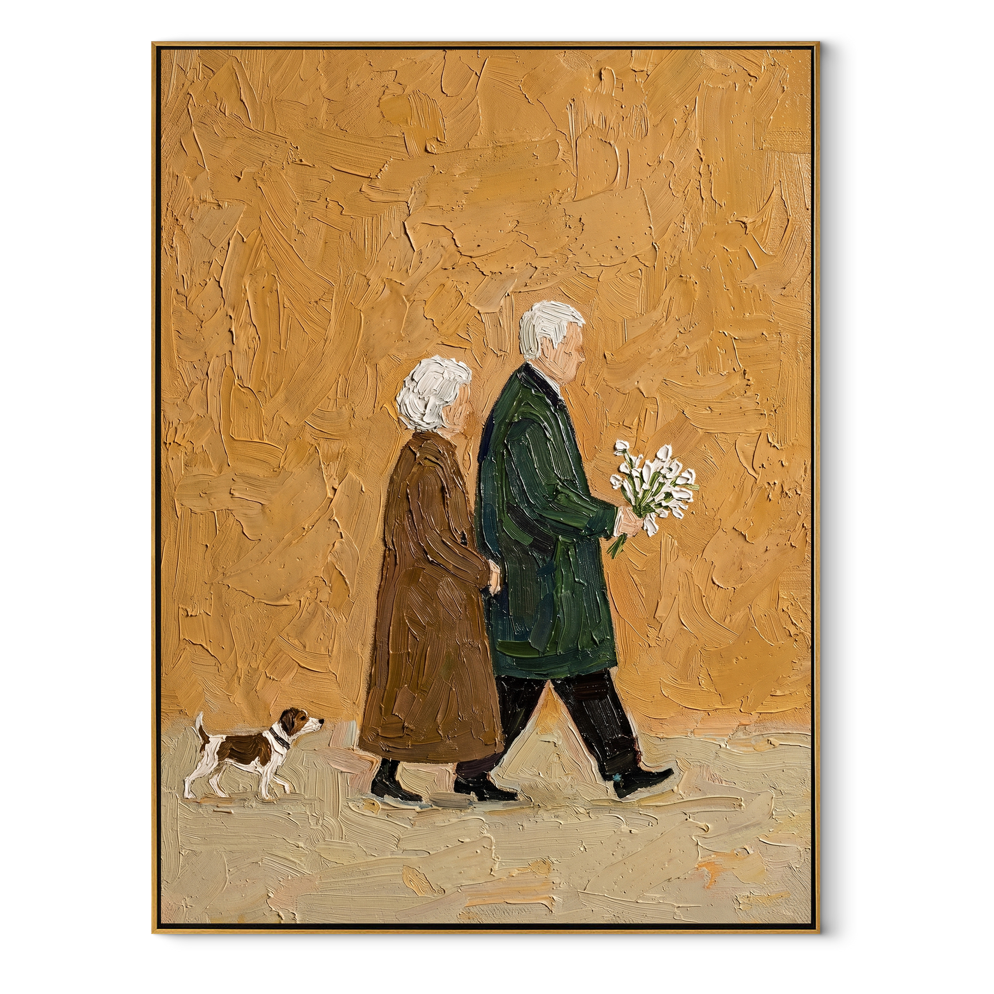 Years Walk Together – Older Couple and Spotted Dog painting by Hannah Brooks, minimalist figurative vertical wall art – wood frame on white background