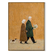 Years Walk Together – Older Couple and Spotted Dog painting by Hannah Brooks, minimalist figurative vertical wall art – wood frame on white background