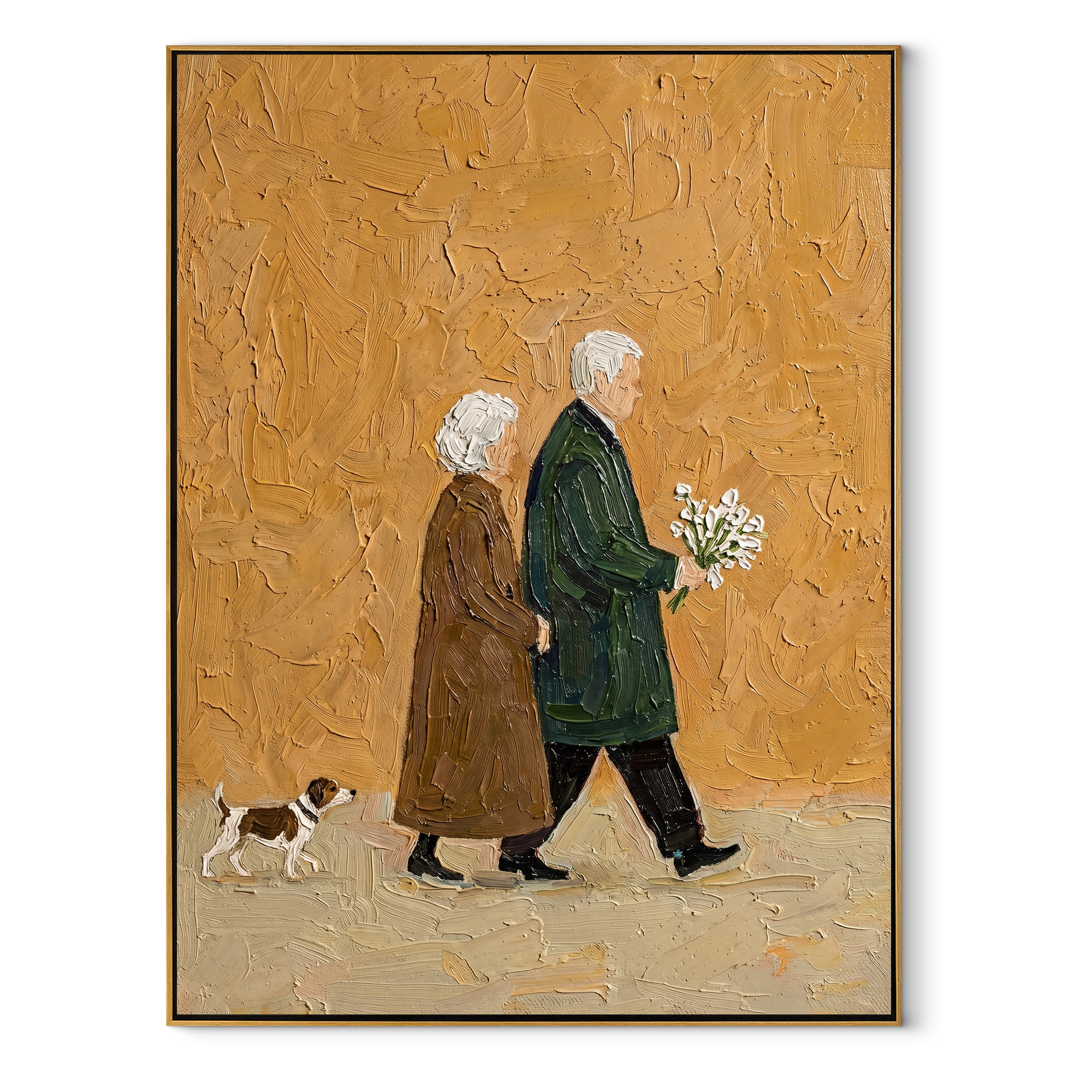 Years Walk Together – Older Couple and Spotted Dog painting by Hannah Brooks, minimalist figurative vertical wall art – wood frame on white background