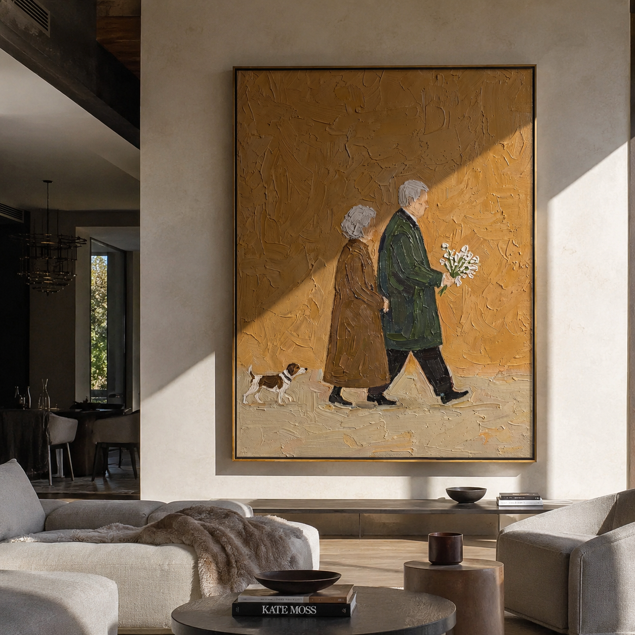 Years Walk Together – Older Couple and Spotted Dog painting by Hannah Brooks, minimalist figurative vertical wall art – styled room scene view 2