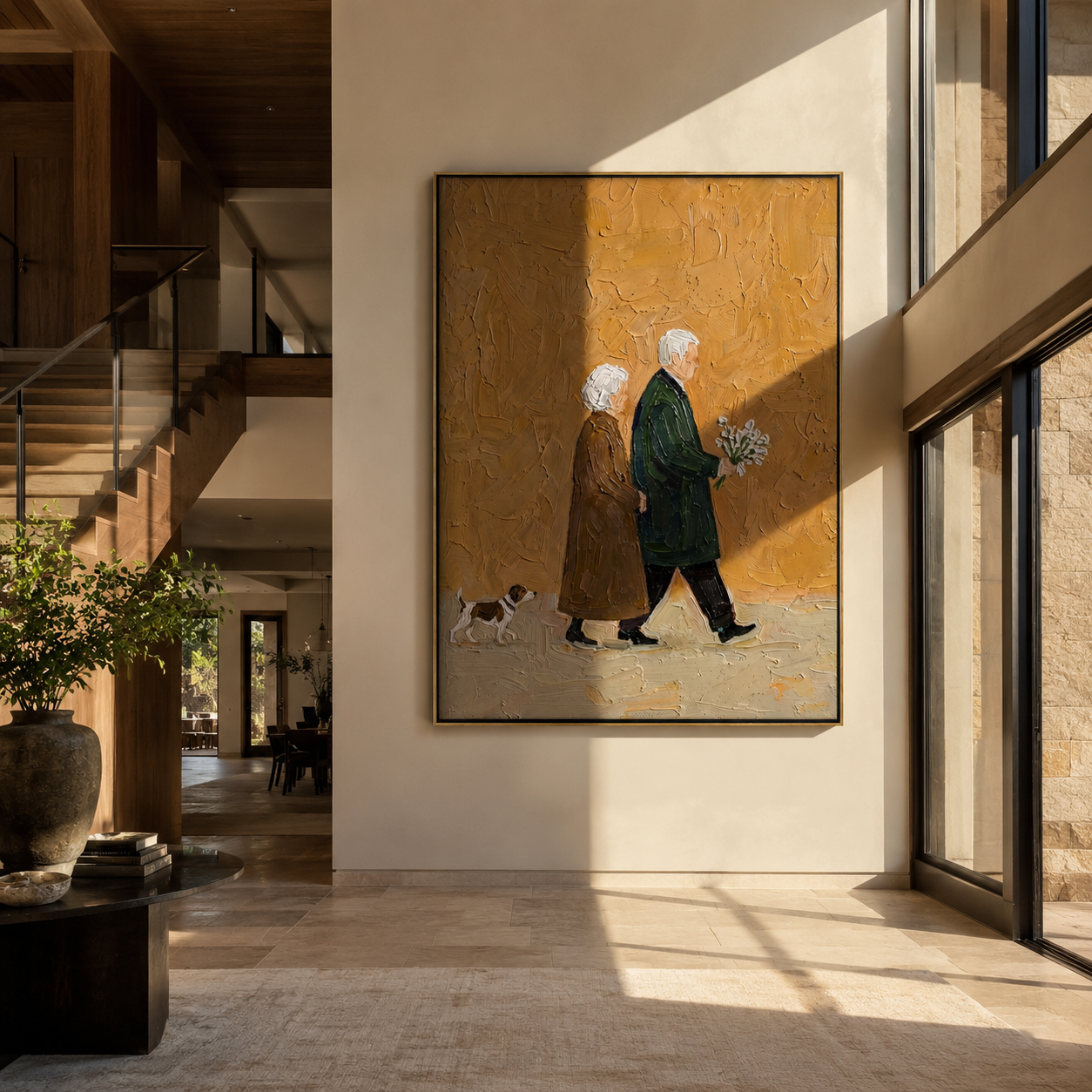 Years Walk Together – Older Couple and Spotted Dog painting by Hannah Brooks, minimalist figurative vertical wall art – styled room scene view 3