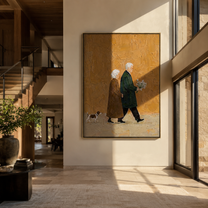 Years Walk Together – Older Couple and Spotted Dog painting by Hannah Brooks, minimalist figurative vertical wall art – styled room scene view 3