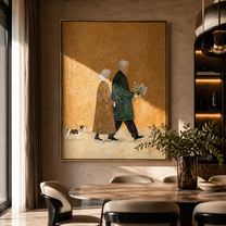 Years Walk Together – Older Couple and Spotted Dog painting by Hannah Brooks, minimalist figurative vertical wall art – styled room scene view 4