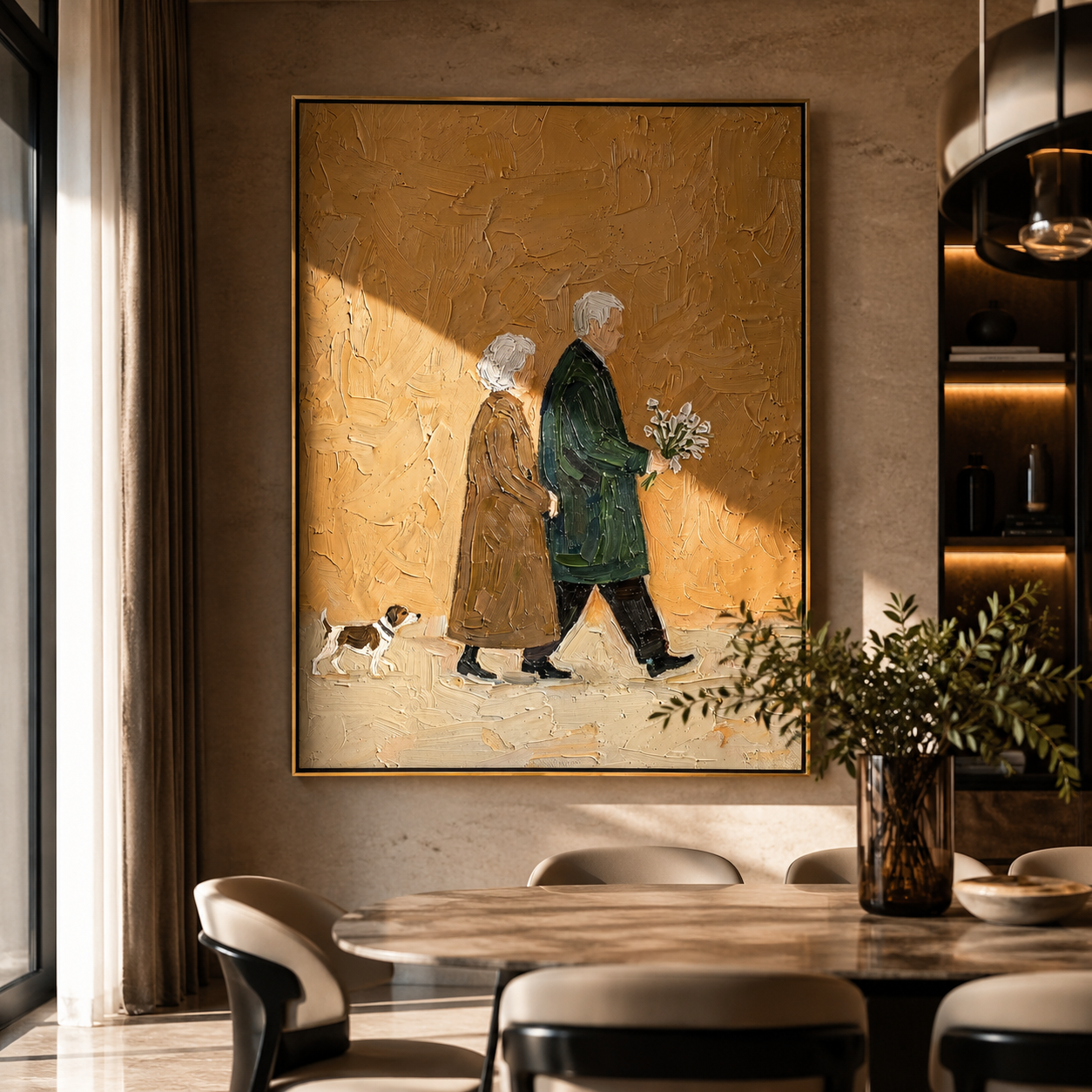 Years Walk Together – Older Couple and Spotted Dog painting by Hannah Brooks, minimalist figurative vertical wall art – styled room scene view 4