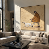 Two Dogs Pull Dawn – Brown Cape and Two Dogs painting by Hannah Brooks, minimalist figurative square wall art – styled room scene view 1