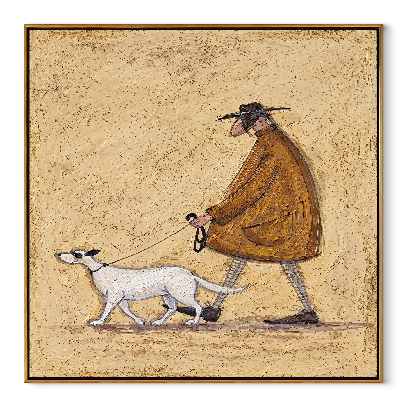 Two Dogs Pull Dawn – Brown Cape and Two Dogs painting by Hannah Brooks, minimalist figurative square wall art – wood frame on white background