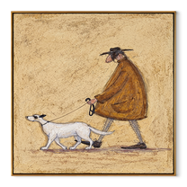 Two Dogs Pull Dawn – Brown Cape and Two Dogs painting by Hannah Brooks, minimalist figurative square wall art – wood frame on white background
