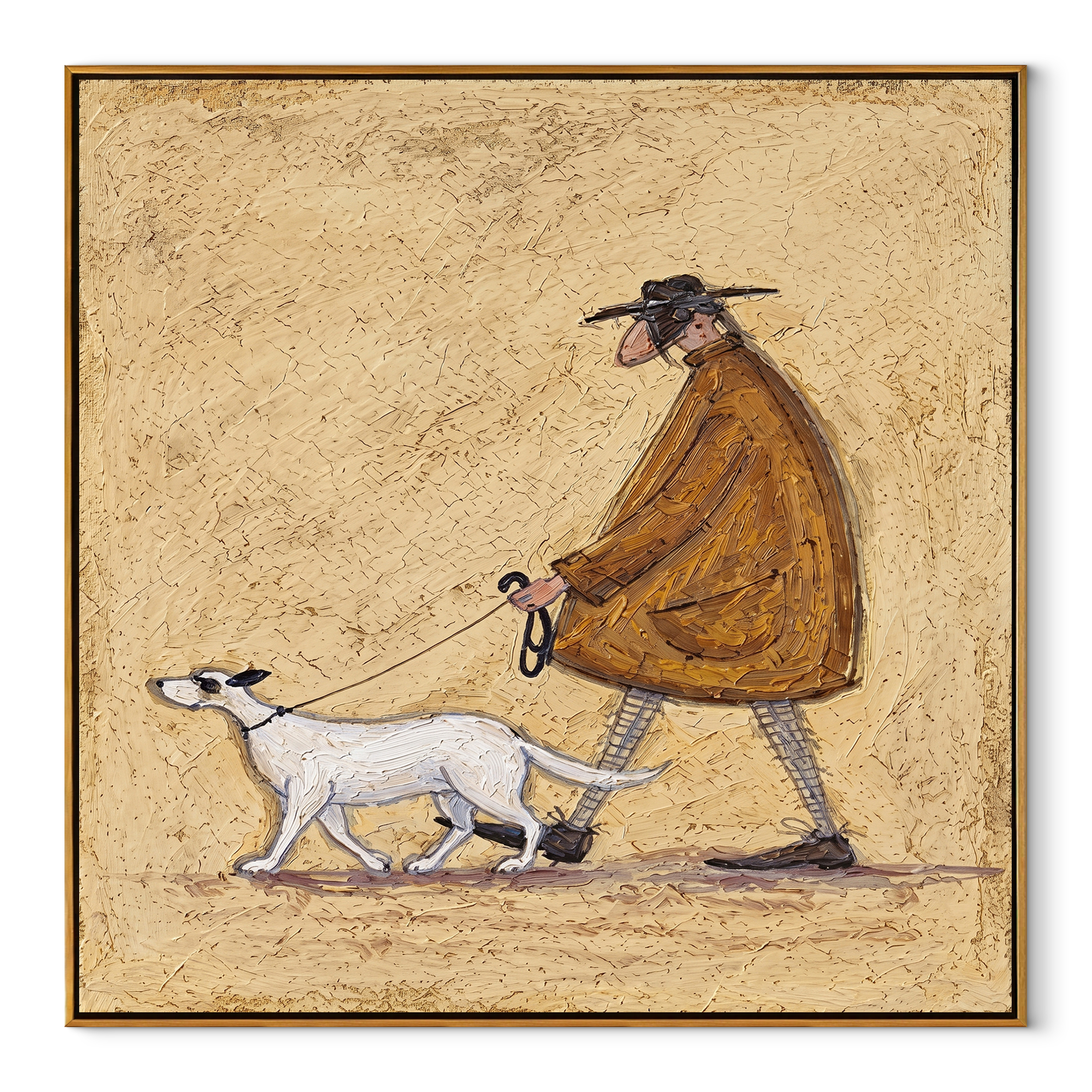 Two Dogs Pull Dawn – Brown Cape and Two Dogs painting by Hannah Brooks, minimalist figurative square wall art – wood frame on white background