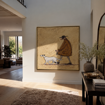 Two Dogs Pull Dawn – Brown Cape and Two Dogs painting by Hannah Brooks, minimalist figurative square wall art – styled room scene view 2