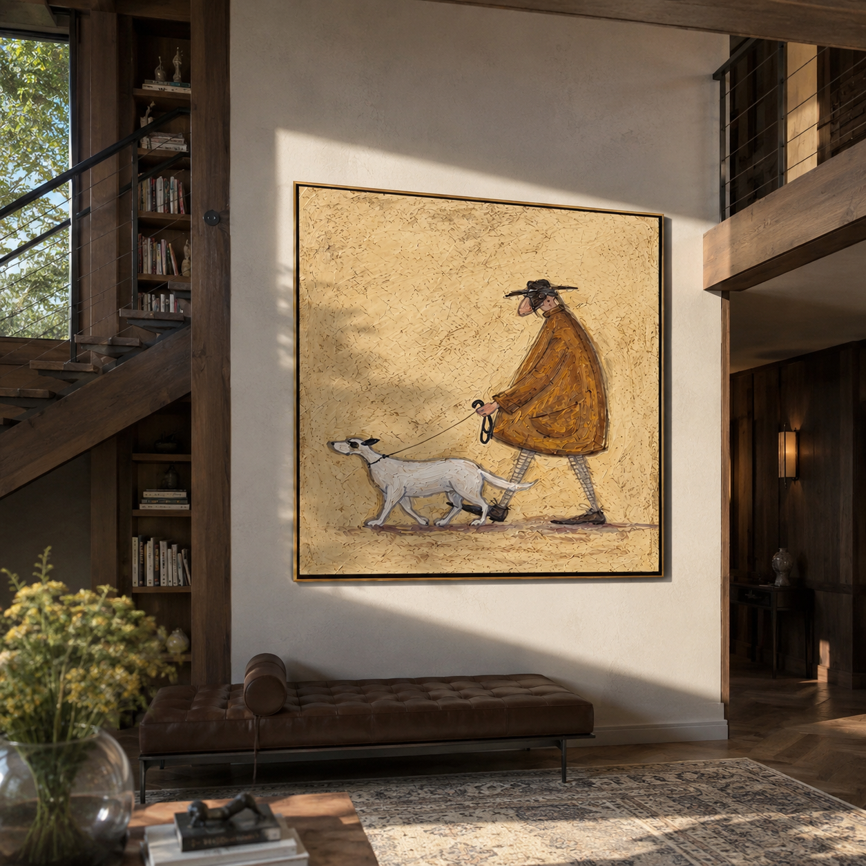 Two Dogs Pull Dawn – Brown Cape and Two Dogs painting by Hannah Brooks, minimalist figurative square wall art – styled room scene view 3