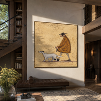Two Dogs Pull Dawn – Brown Cape and Two Dogs painting by Hannah Brooks, minimalist figurative square wall art – styled room scene view 3