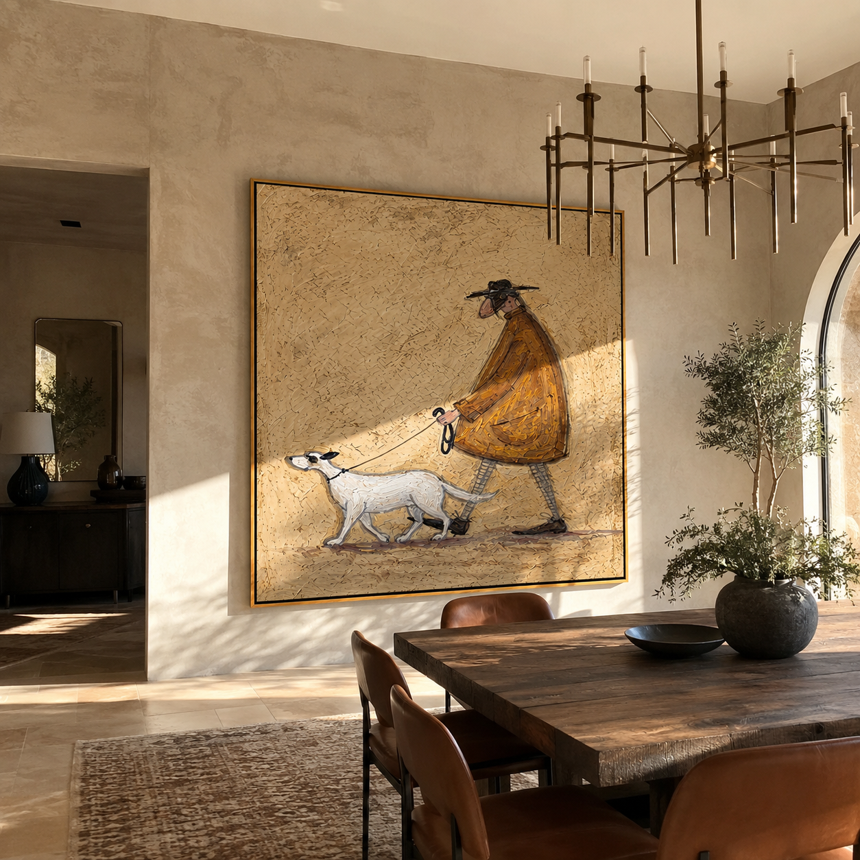Two Dogs Pull Dawn – Brown Cape and Two Dogs painting by Hannah Brooks, minimalist figurative square wall art – styled room scene view 4