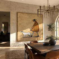 Two Dogs Pull Dawn – Brown Cape and Two Dogs painting by Hannah Brooks, minimalist figurative square wall art – styled room scene view 4
