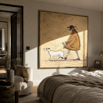 Two Dogs Pull Dawn – Brown Cape and Two Dogs painting by Hannah Brooks, minimalist figurative square wall art – styled room scene view 5