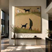 Meadow Paths Repeat – Meadow Figure and Many Dogs painting by Hannah Brooks, minimalist figurative square wall art – styled room scene view 1