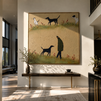 Meadow Paths Repeat – Meadow Figure and Many Dogs painting by Hannah Brooks, minimalist figurative square wall art – styled room scene view 1