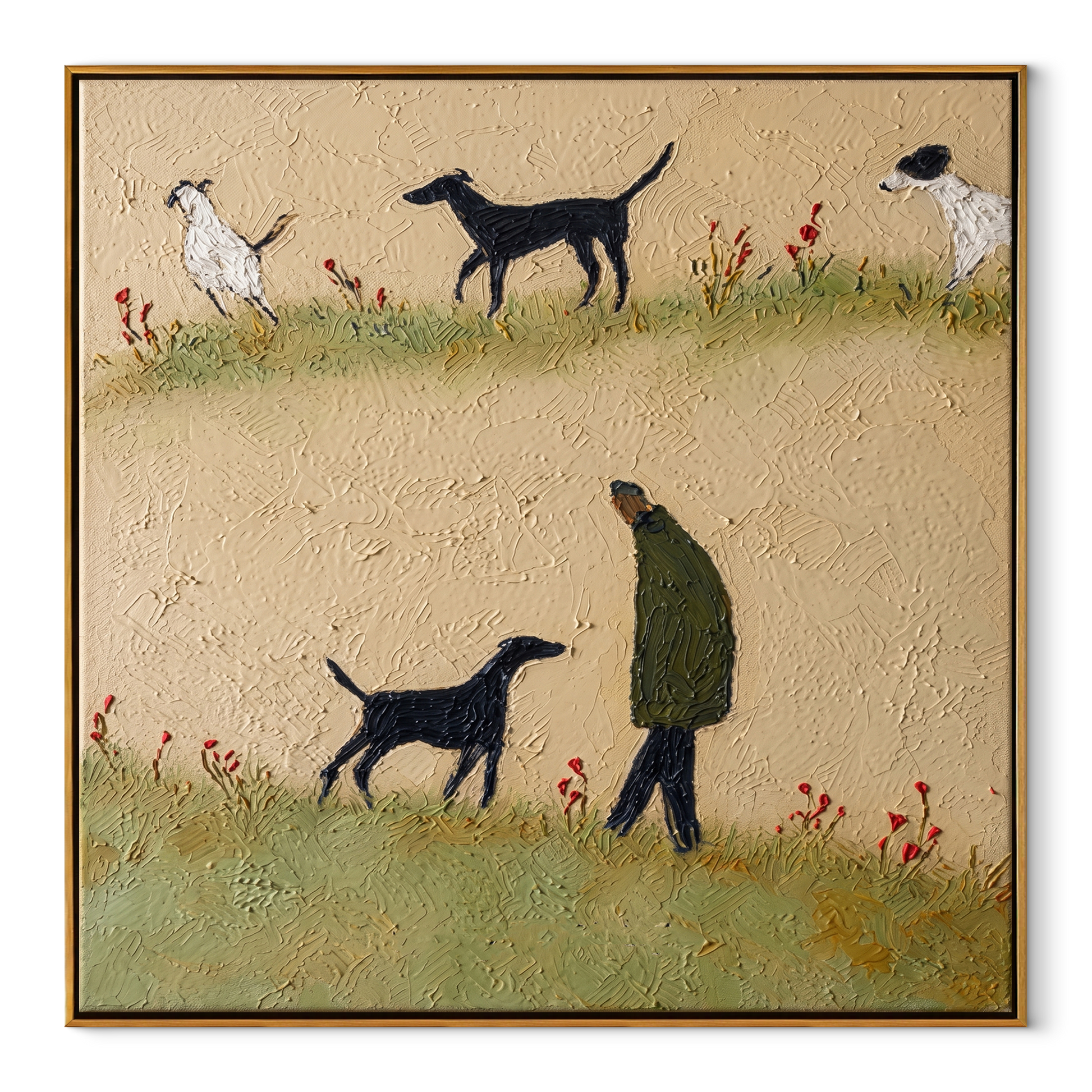 Meadow Paths Repeat – Meadow Figure and Many Dogs painting by Hannah Brooks, minimalist figurative square wall art – wood frame on white background