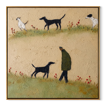 Meadow Paths Repeat – Meadow Figure and Many Dogs painting by Hannah Brooks, minimalist figurative square wall art – wood frame on white background