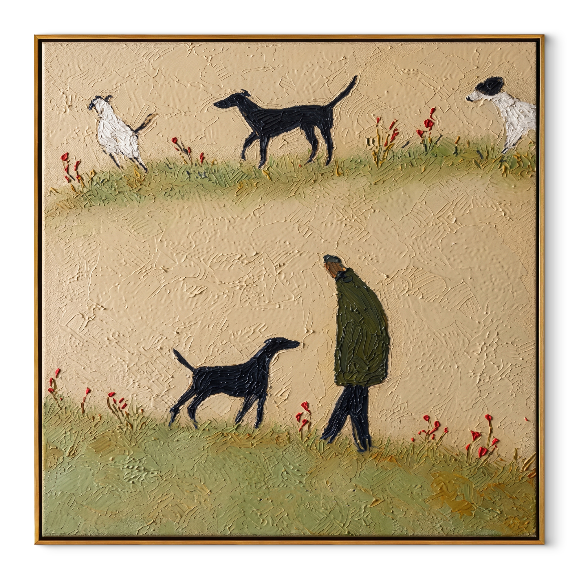 Meadow Paths Repeat – Meadow Figure and Many Dogs painting by Hannah Brooks, minimalist figurative square wall art – wood frame on white background