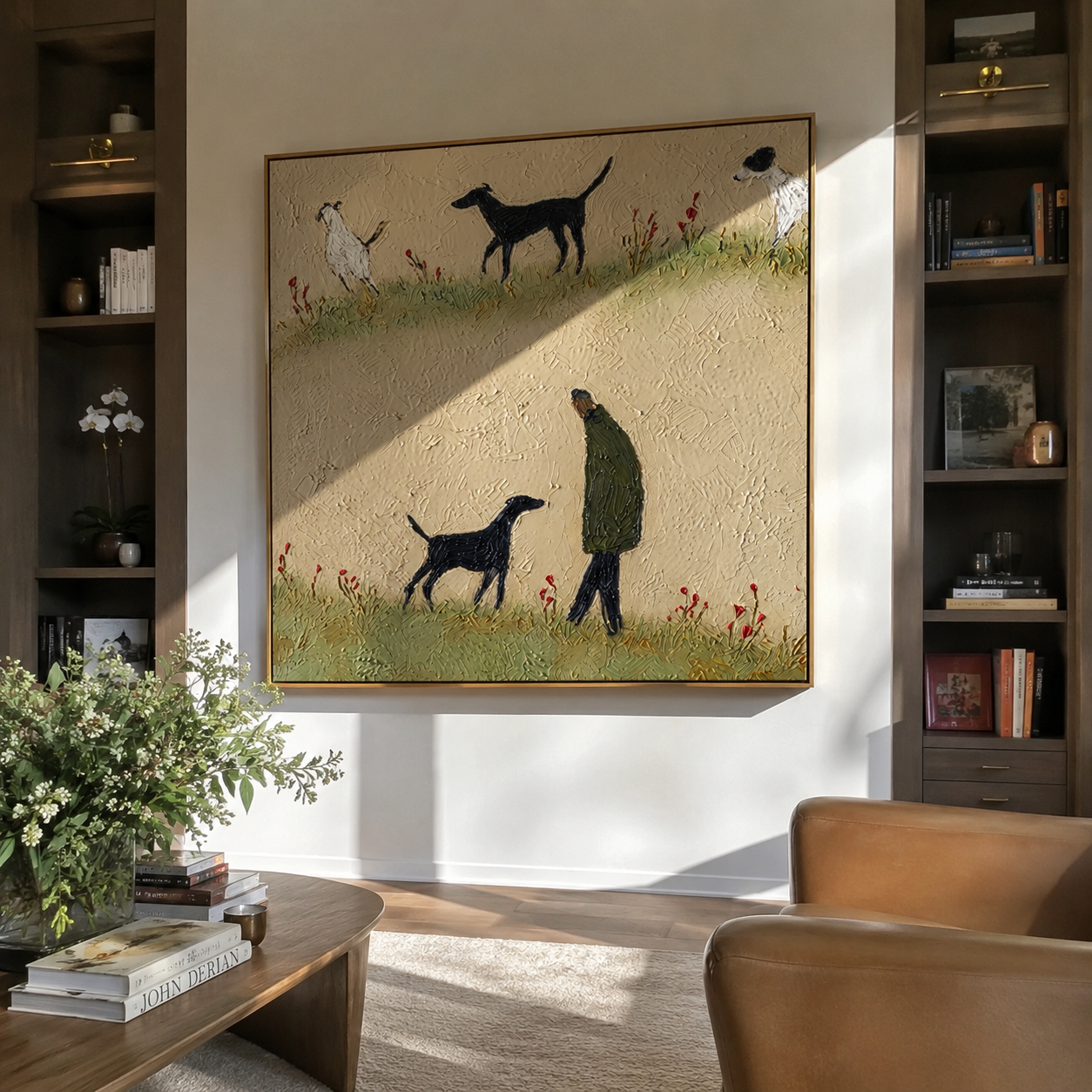 Meadow Paths Repeat – Meadow Figure and Many Dogs painting by Hannah Brooks, minimalist figurative square wall art – styled room scene view 2