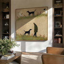 Meadow Paths Repeat – Meadow Figure and Many Dogs painting by Hannah Brooks, minimalist figurative square wall art – styled room scene view 2