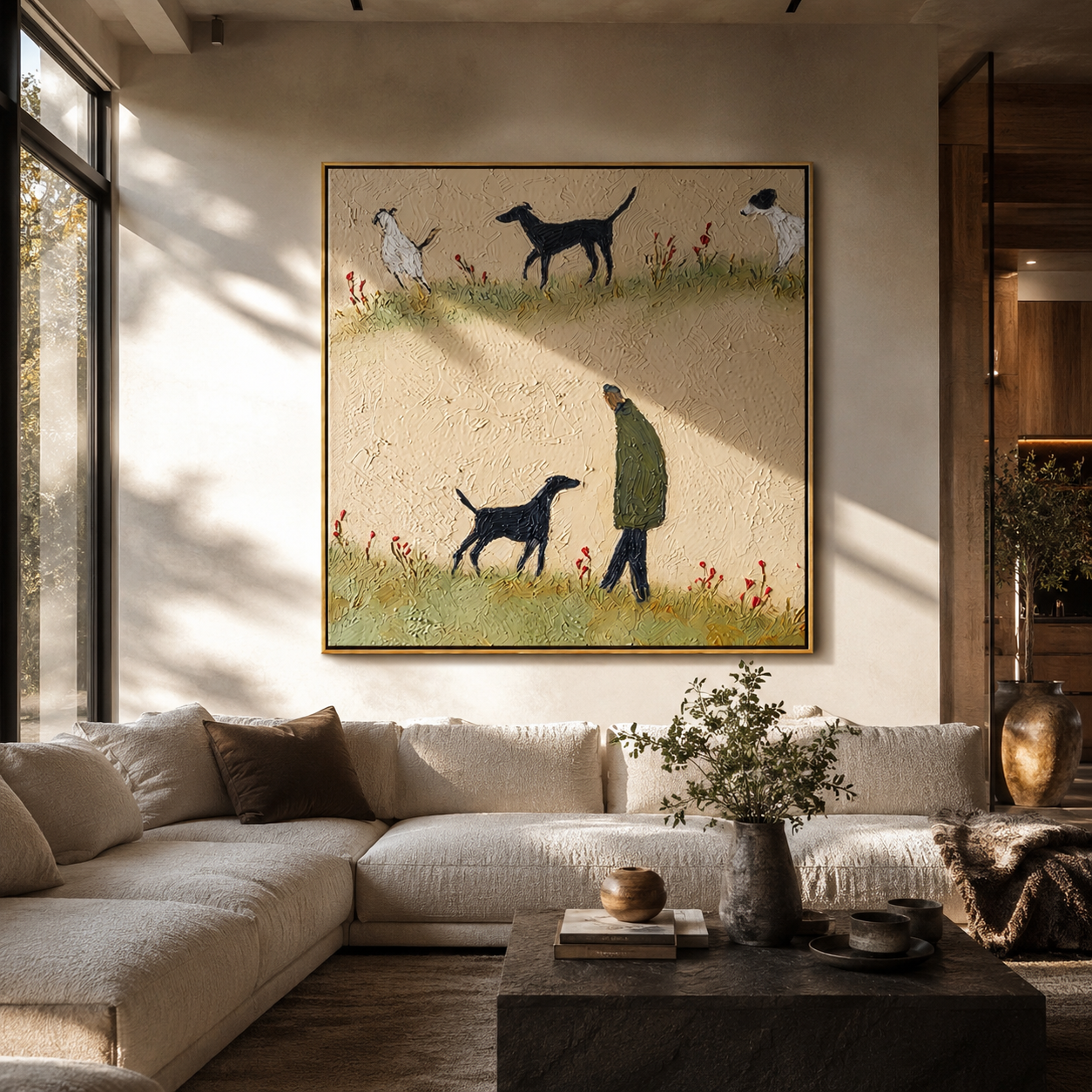 Meadow Paths Repeat – Meadow Figure and Many Dogs painting by Hannah Brooks, minimalist figurative square wall art – styled room scene view 3