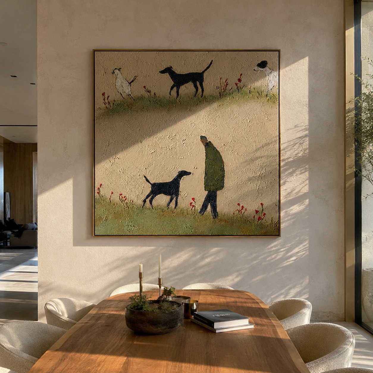 Meadow Paths Repeat – Meadow Figure and Many Dogs painting by Hannah Brooks, minimalist figurative square wall art – styled room scene view 4