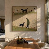Meadow Paths Repeat – Meadow Figure and Many Dogs painting by Hannah Brooks, minimalist figurative square wall art – styled room scene view 4