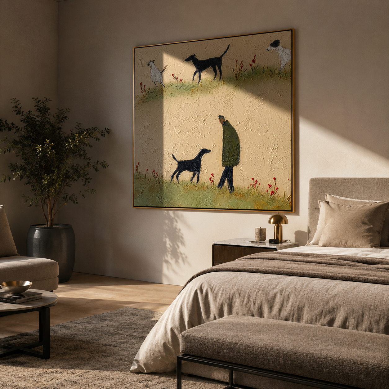 Meadow Paths Repeat – Meadow Figure and Many Dogs painting by Hannah Brooks, minimalist figurative square wall art – styled room scene view 5