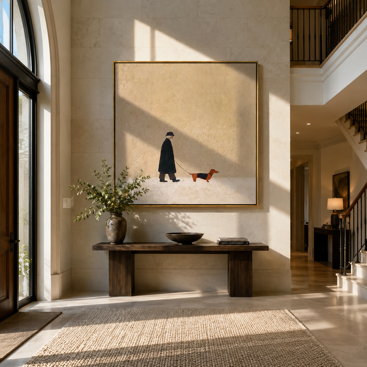 Dachshund Marks The Distance – Black Coat and Dachshund painting by Hannah Brooks, minimalist figurative square wall art – styled room scene view 1