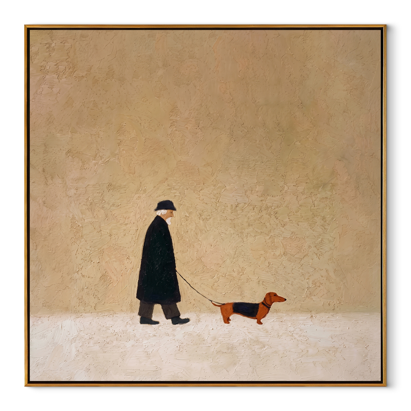 Dachshund Marks The Distance – Black Coat and Dachshund painting by Hannah Brooks, minimalist figurative square wall art – wood frame on white background