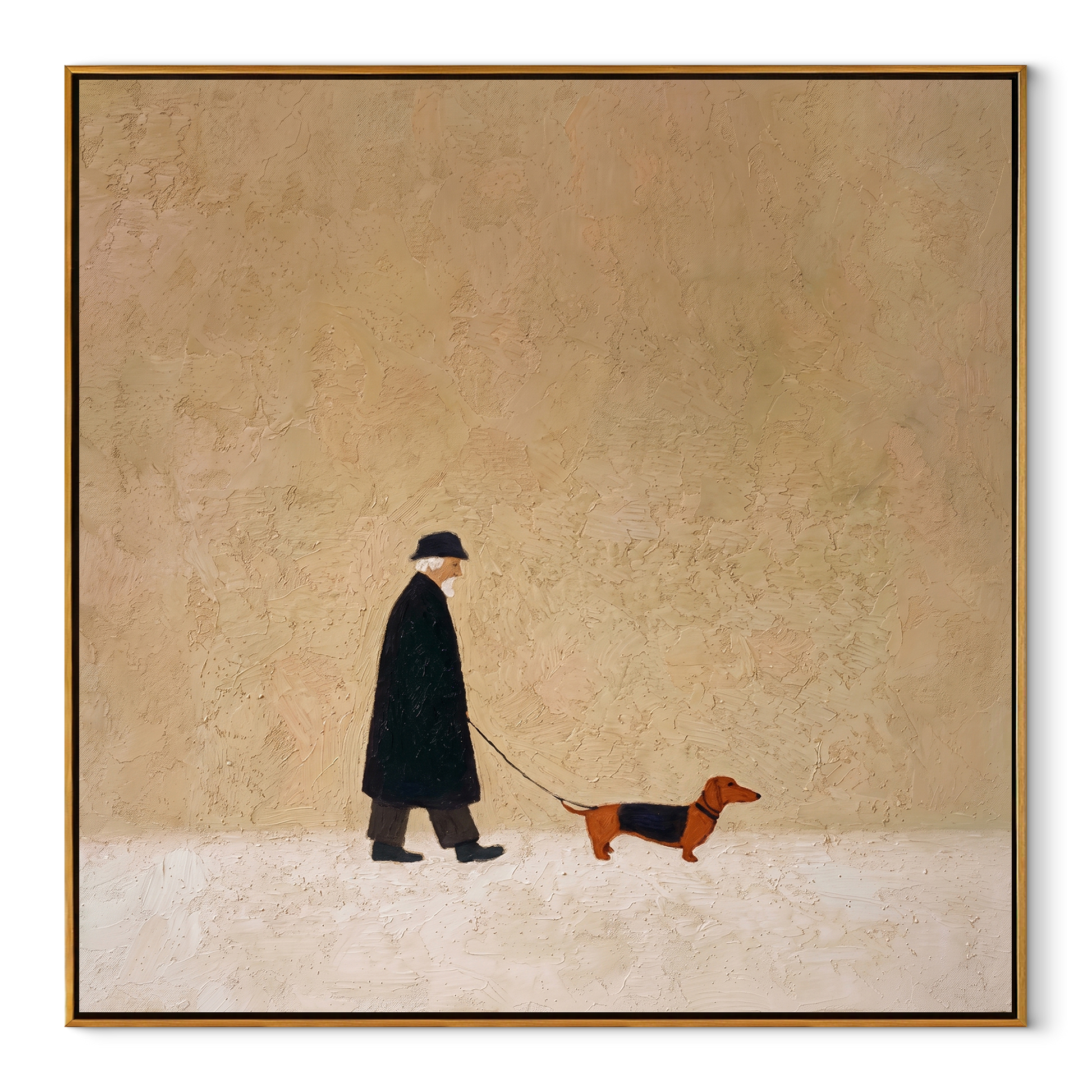 Dachshund Marks The Distance – Black Coat and Dachshund painting by Hannah Brooks, minimalist figurative square wall art – wood frame on white background