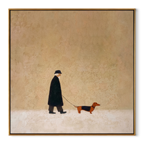 Dachshund Marks The Distance – Black Coat and Dachshund painting by Hannah Brooks, minimalist figurative square wall art – wood frame on white background
