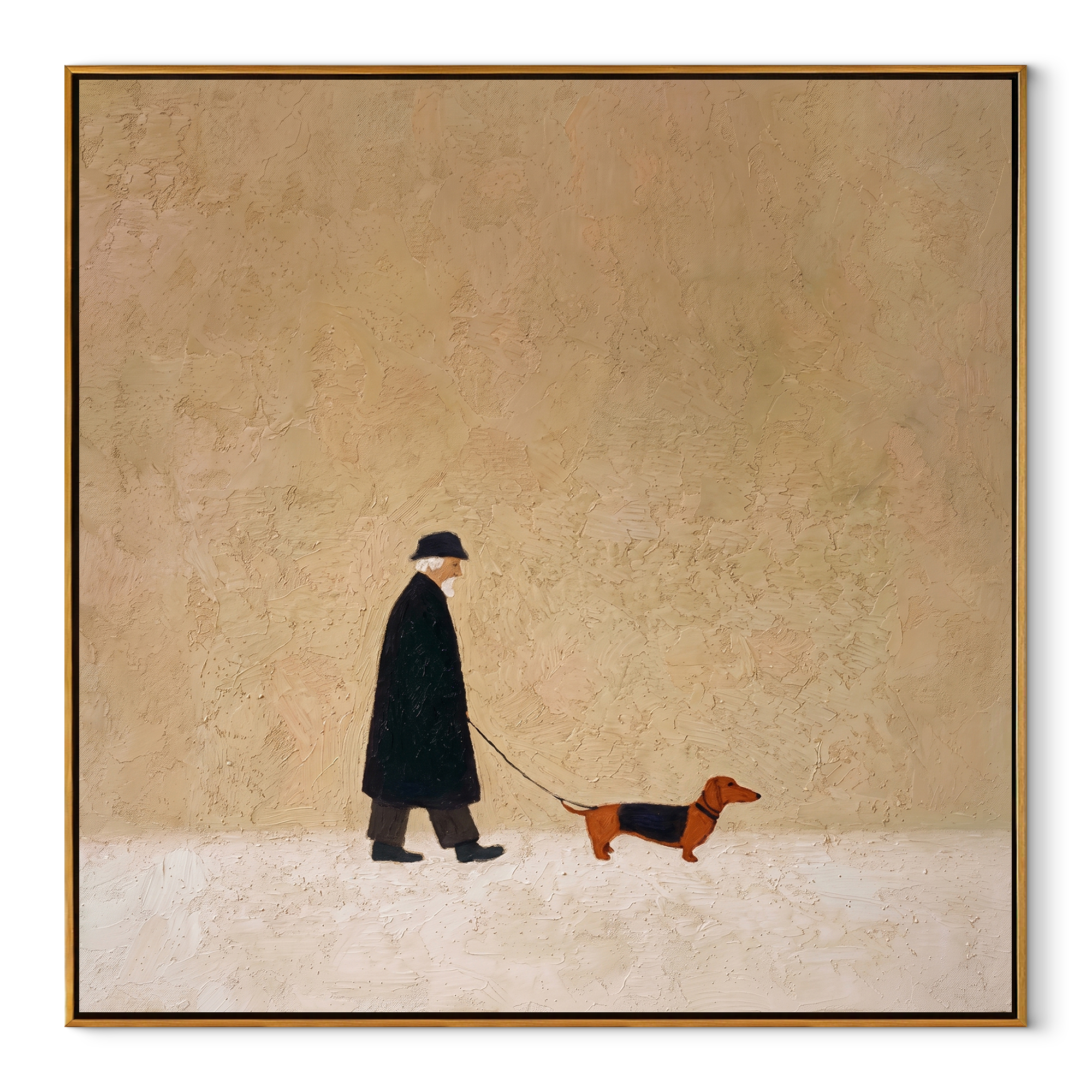Dachshund Marks The Distance – Black Coat and Dachshund painting by Hannah Brooks, minimalist figurative square wall art – wood frame on white background