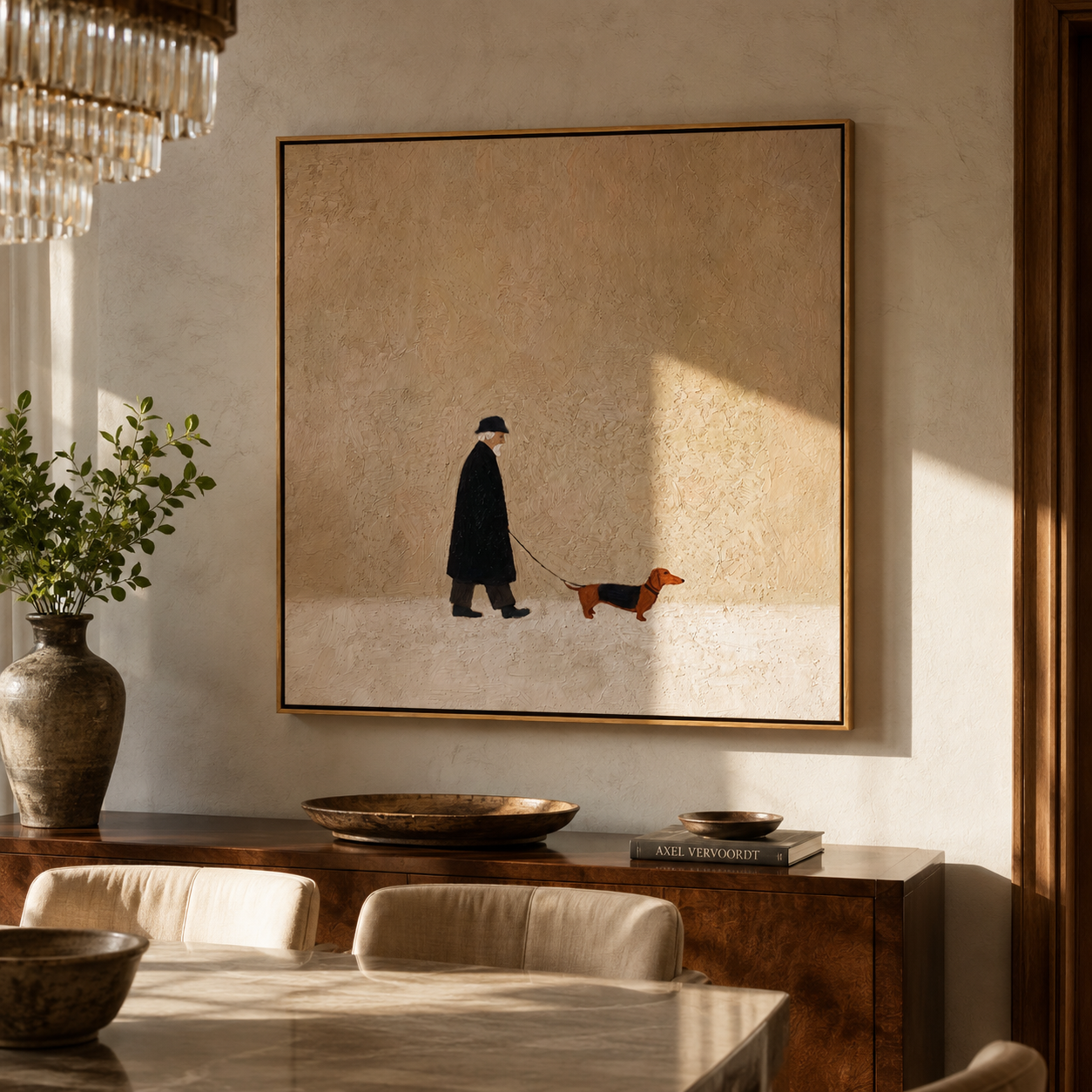 Dachshund Marks The Distance – Black Coat and Dachshund painting by Hannah Brooks, minimalist figurative square wall art – styled room scene view 2