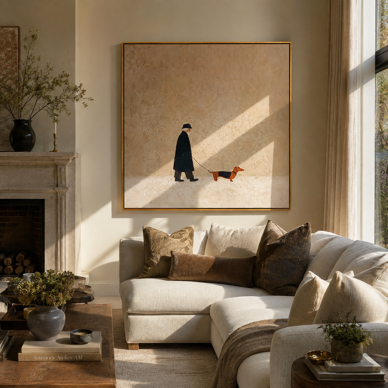 Dachshund Marks The Distance – Black Coat and Dachshund painting by Hannah Brooks, minimalist figurative square wall art – styled room scene view 3