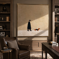 Dachshund Marks The Distance – Black Coat and Dachshund painting by Hannah Brooks, minimalist figurative square wall art – styled room scene view 4