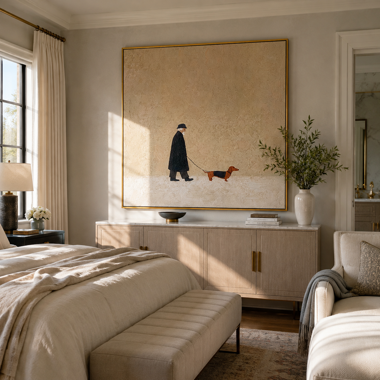 Dachshund Marks The Distance – Black Coat and Dachshund painting by Hannah Brooks, minimalist figurative square wall art – styled room scene view 5