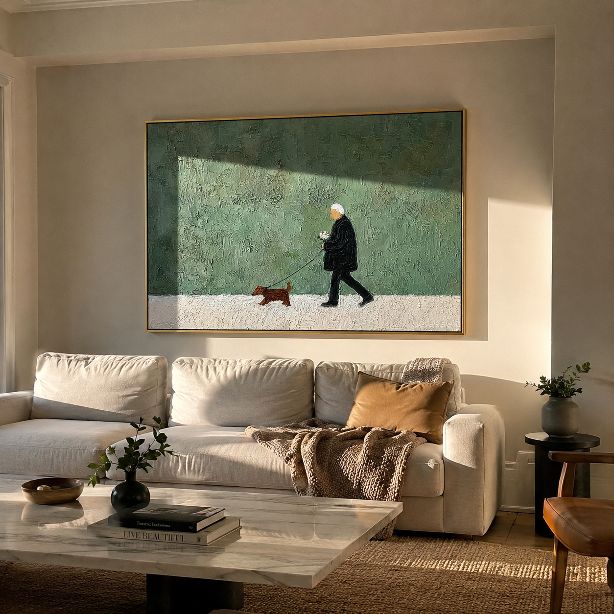 Green Field Keeps Pace – Green Field Dachshund Walk painting by Hannah Brooks, minimalist figurative horizontal wall art – styled room scene view 1