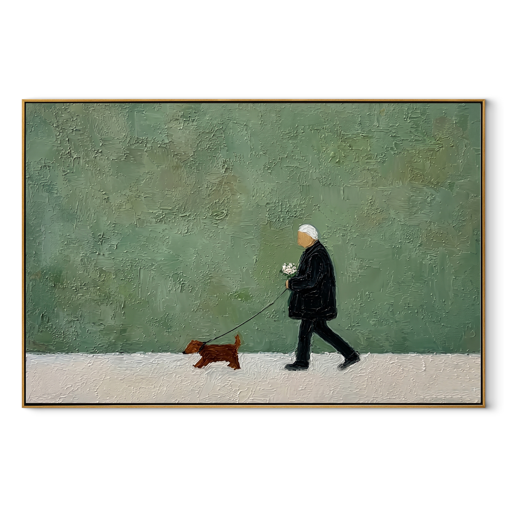 Green Field Keeps Pace – Green Field Dachshund Walk painting by Hannah Brooks, minimalist figurative horizontal wall art – wood frame on white background