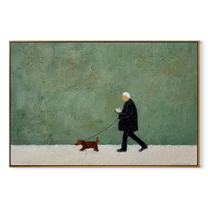 Green Field Keeps Pace – Green Field Dachshund Walk painting by Hannah Brooks, minimalist figurative horizontal wall art – wood frame on white background