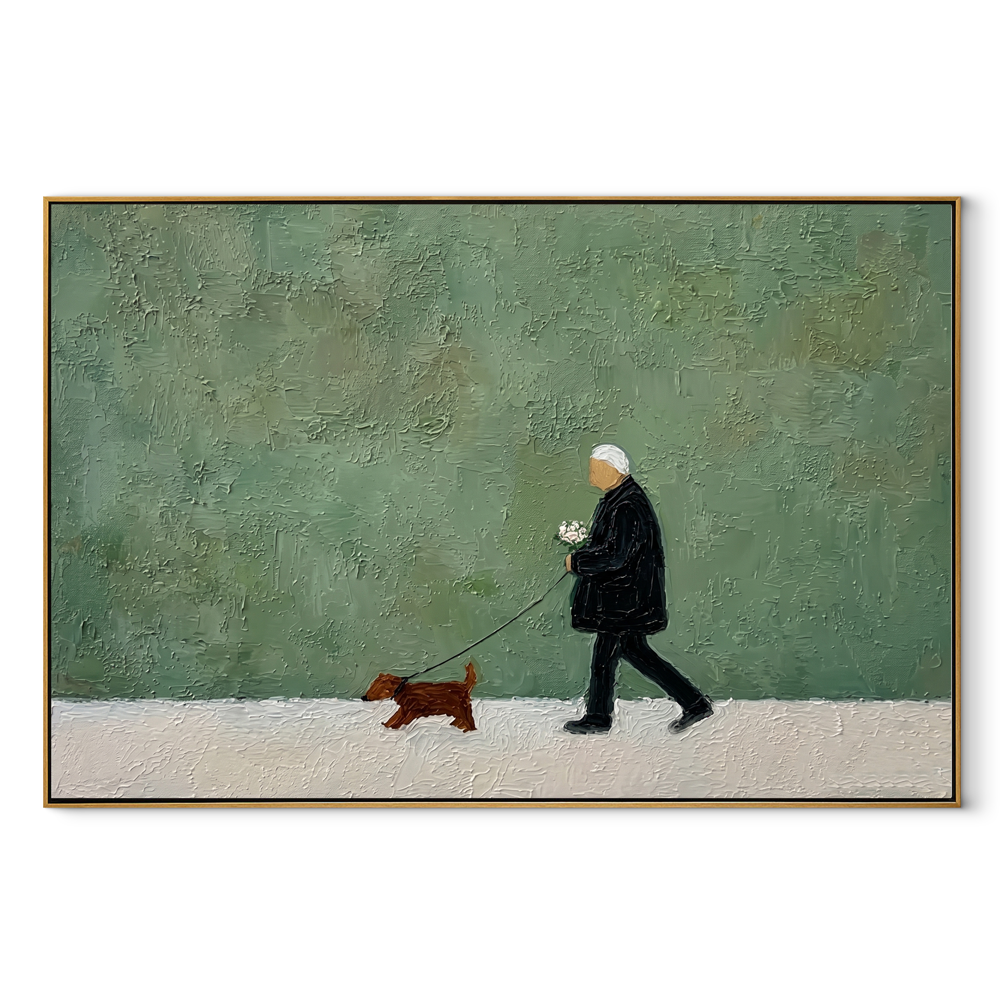 Green Field Keeps Pace – Green Field Dachshund Walk painting by Hannah Brooks, minimalist figurative horizontal wall art – wood frame on white background