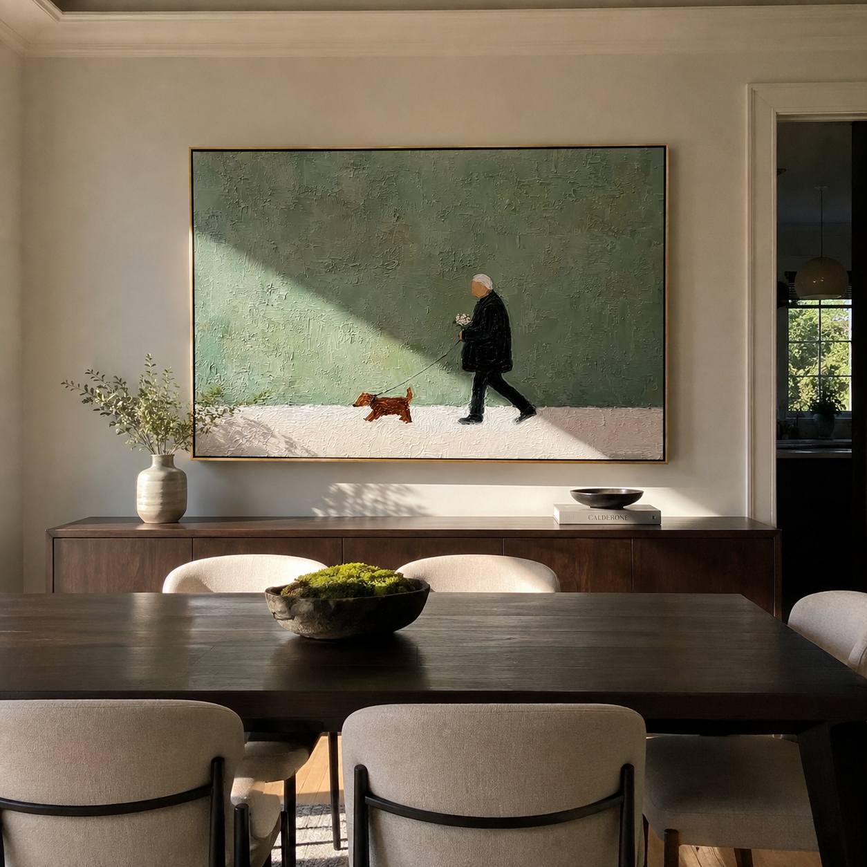 Green Field Keeps Pace – Green Field Dachshund Walk painting by Hannah Brooks, minimalist figurative horizontal wall art – styled room scene view 2
