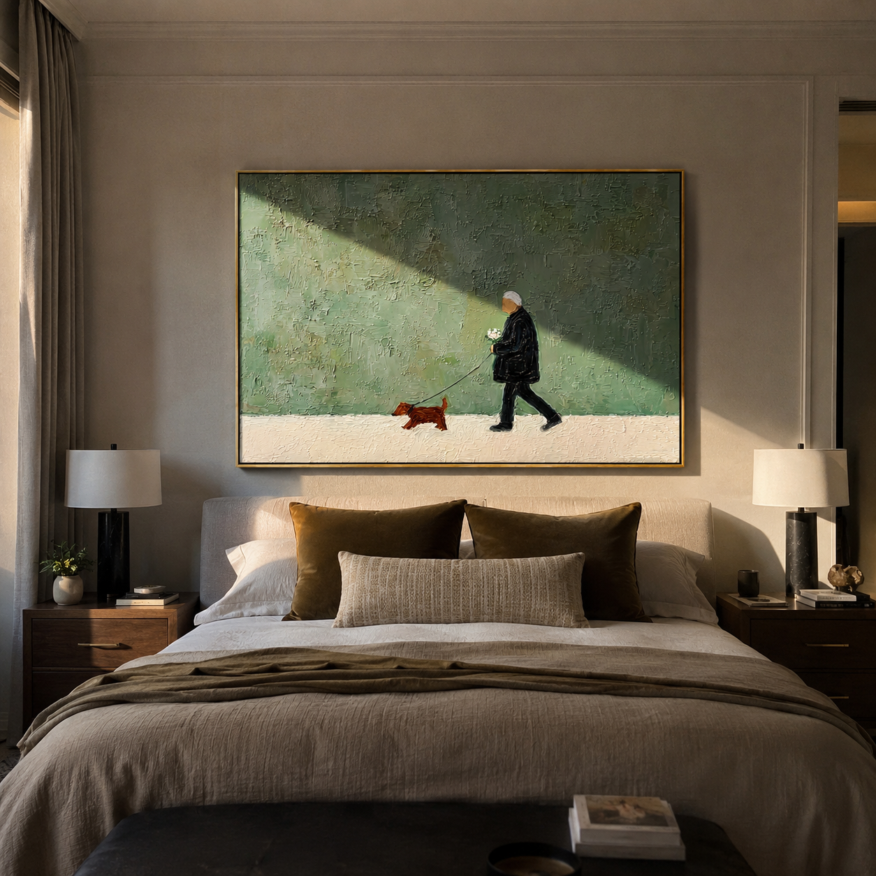Green Field Keeps Pace – Green Field Dachshund Walk painting by Hannah Brooks, minimalist figurative horizontal wall art – styled room scene view 3