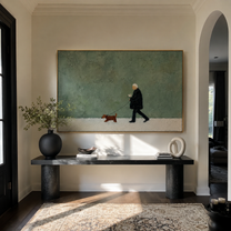 Green Field Keeps Pace – Green Field Dachshund Walk painting by Hannah Brooks, minimalist figurative horizontal wall art – styled room scene view 4