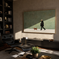 Green Field Keeps Pace – Green Field Dachshund Walk painting by Hannah Brooks, minimalist figurative horizontal wall art – styled room scene view 5