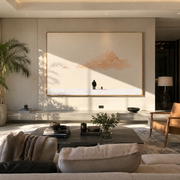 Peach Cloud Watches – Peach Cloud and Red Dog painting by Hannah Brooks, minimalist figurative horizontal wall art – styled room scene view 1