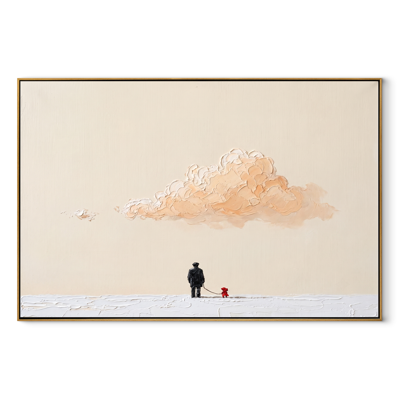 Peach Cloud Watches – Peach Cloud and Red Dog painting by Hannah Brooks, minimalist figurative horizontal wall art – wood frame on white background
