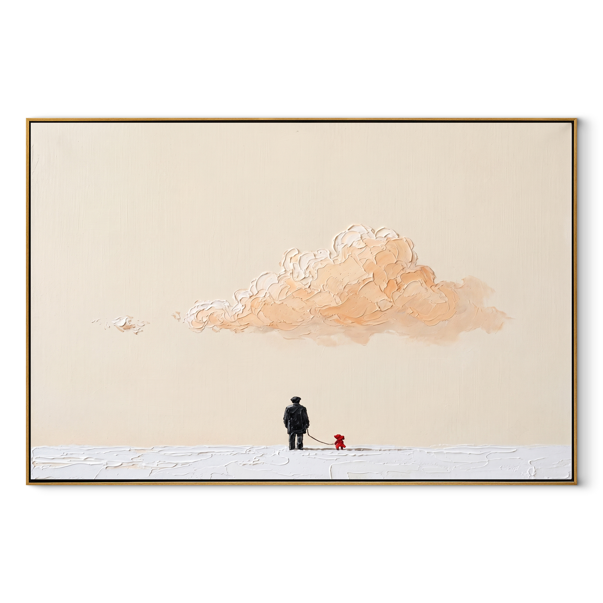 Peach Cloud Watches – Peach Cloud and Red Dog painting by Hannah Brooks, minimalist figurative horizontal wall art – wood frame on white background