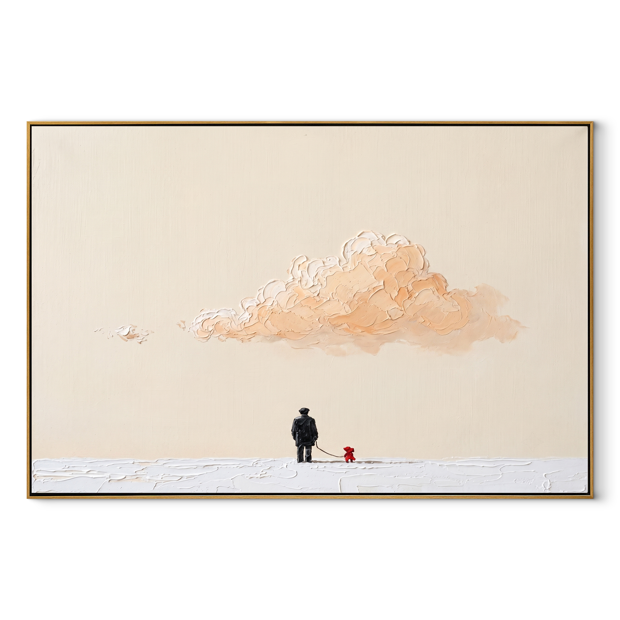 Peach Cloud Watches – Peach Cloud and Red Dog painting by Hannah Brooks, minimalist figurative horizontal wall art – wood frame on white background